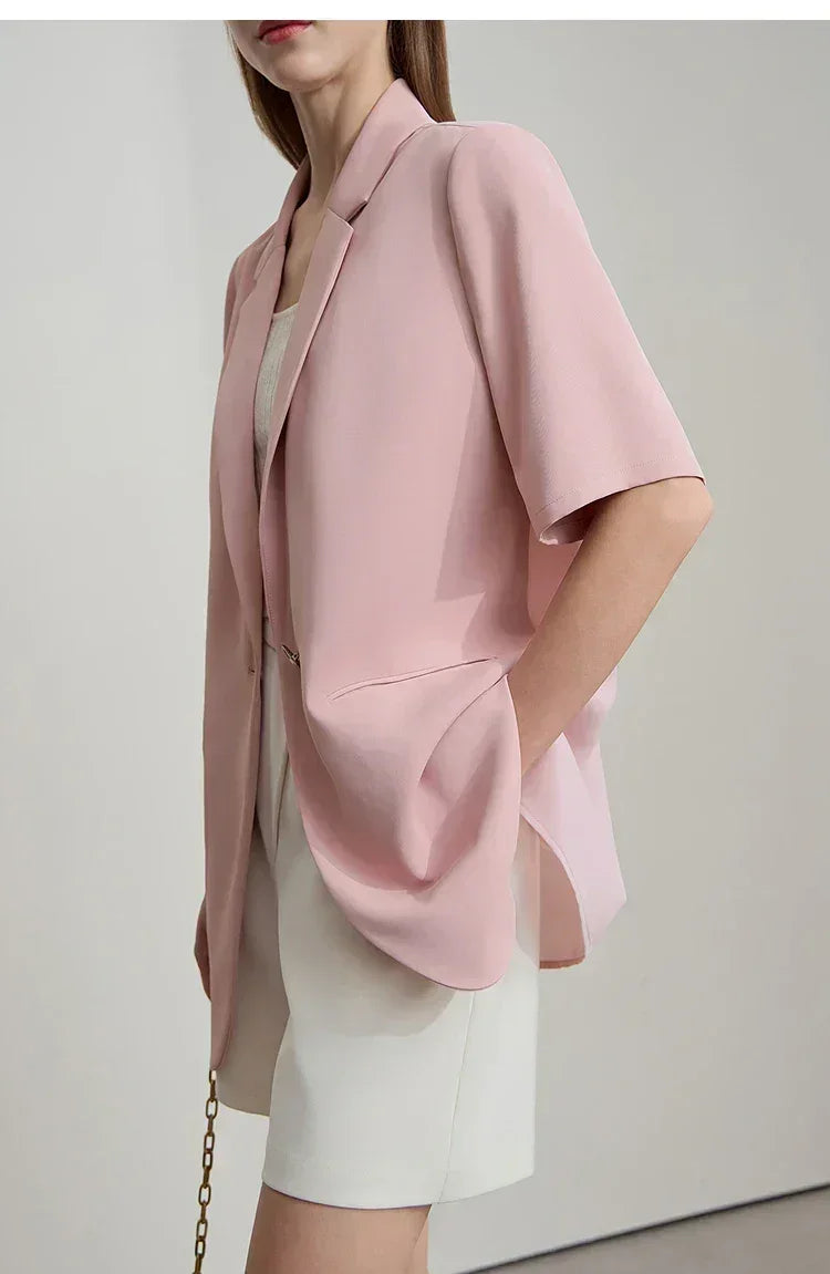 Amii Women's Top Minimalist 2025 Summer New Notched Lapel Contrast Material Patchwork One Button Short Sleeve Blazer 12542081