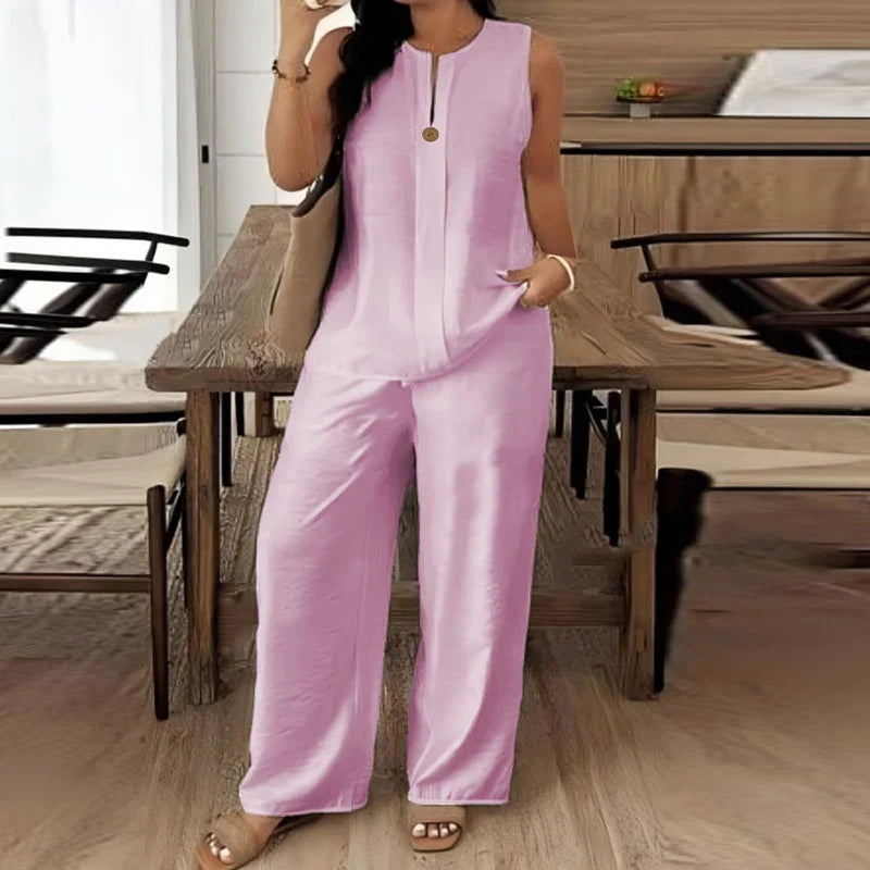 Summer O Neck Button Vest Shirt Wide Leg Pants Suit Women Casual Two Piece Set Solid Color Comfortable Holiday Outfits White
