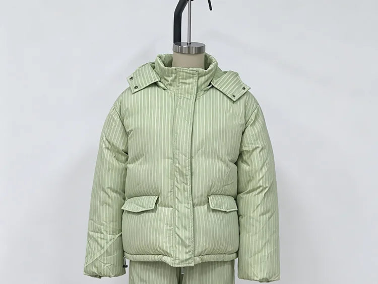Women Striped Hooded Puffer Two Piece Outfit Oversized Cropped Jacket Baggy Pants Set Daily Outdoor Fashion Matching Outfit