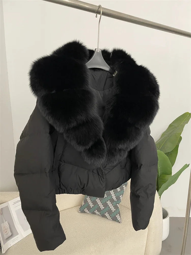 Down Jacket Women Short Puffer Jacket Thick New Big Natural Real Fox Fur Coat  Autumn Winter Female White Duck Down Coat Feather