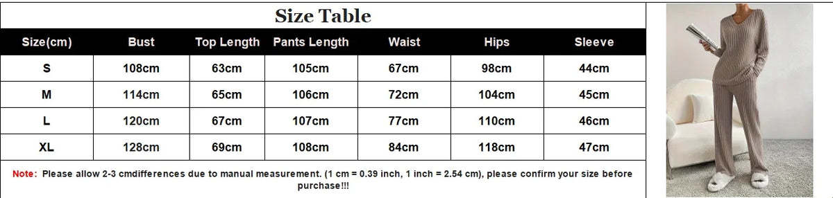 Autumn and Winter Casual V-neck Pocket Striped Knited Tops and Long Trousers Two-piece Sets, Women's Pajamas Set Sleepwear