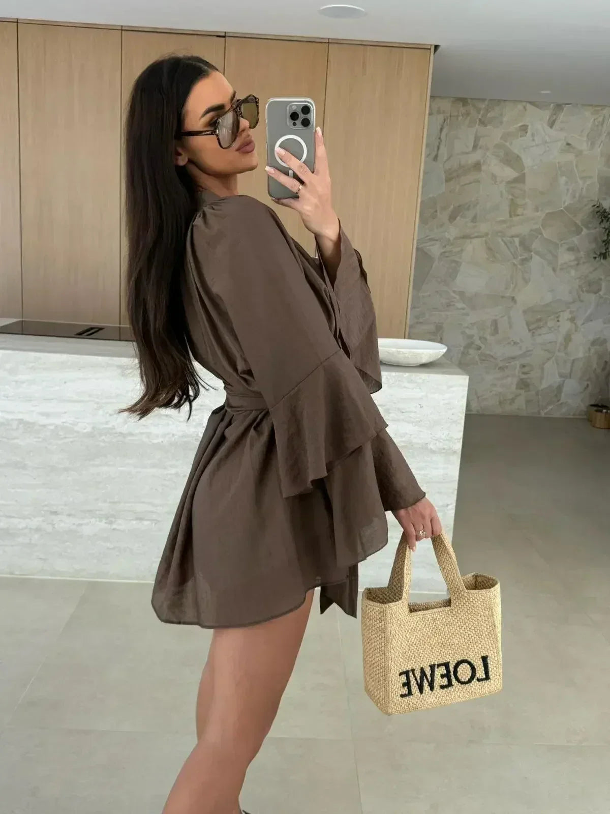 Elegant Fold Dress Women Brown Deep V-neck Long Sleeve Mini Dresses Female 2025 Spring Summer Fashion Loose Lady Vestidos