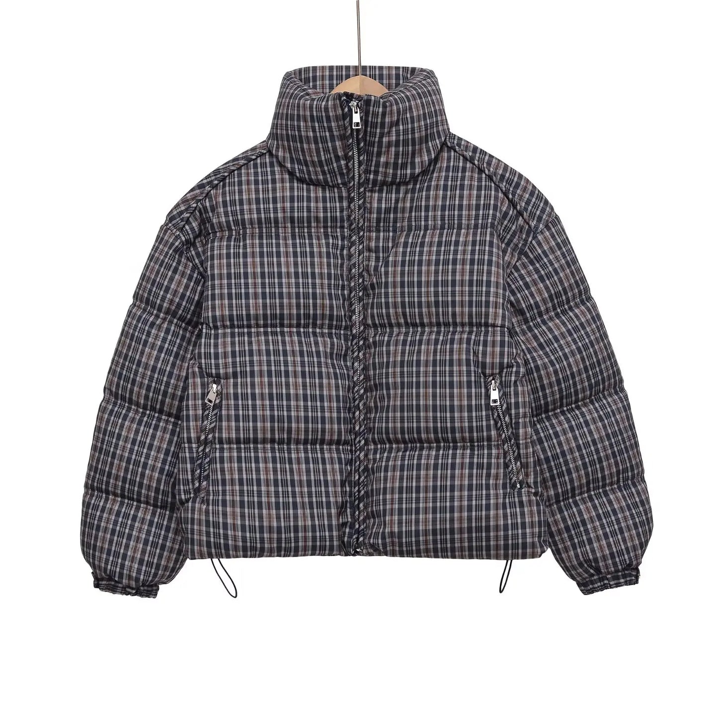 Stylish Plaid Puffer Anorak for Women Winter Brown Padded Jackets High Neck and Long Sleeves Zipper Outwears with Adjustable Hem