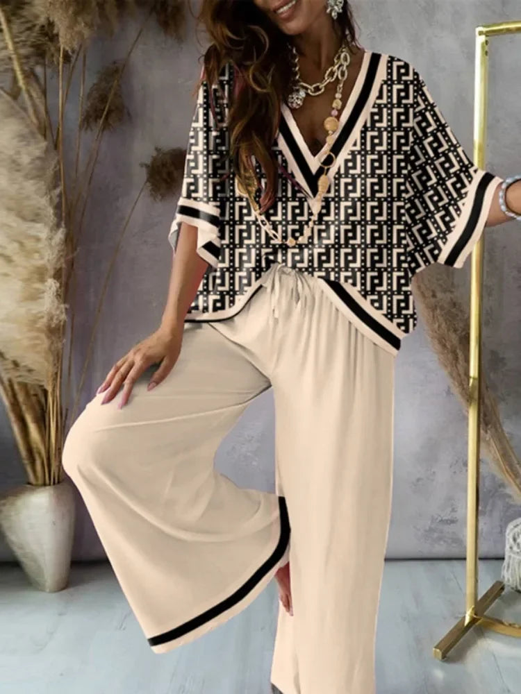 Missuoo Women's Loose Geometric Print V Neck Batwing Sleeve Top & Wide Leg Pants Set 2026 Summer Casual Loose 2 Piece Outfit