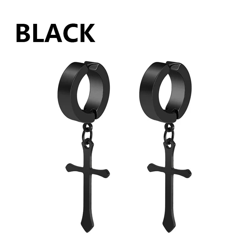 Punk Cross Stars Clip On Earrings | No Piercing Stainless Steel Ear Cuffs for Women Men