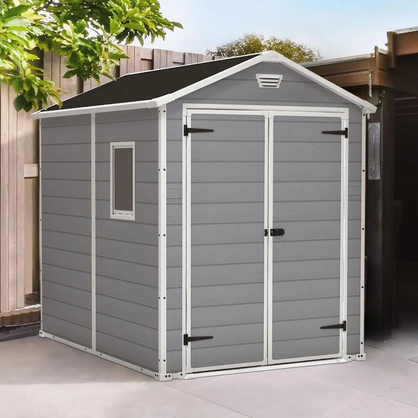 Manor 6x8 Foot All Weather Garden Tool Outdoor Storage Shed with Lockable Double Doors, Fixed Window and Wood-Look, Custom