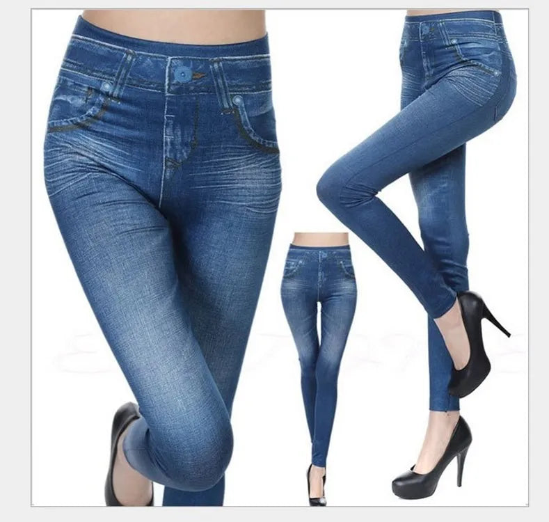 1pcs Women's Denim Print Leggings Females Fashion Slim Leggings Faux