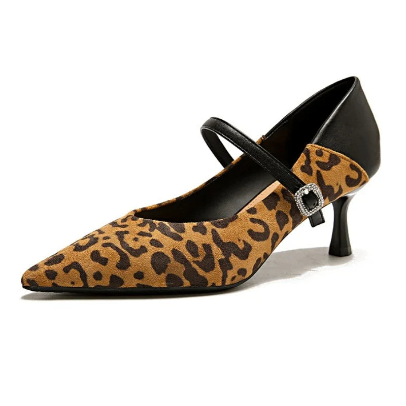 Pointed Toe Leopard Sexy Heels Women Elegant Thin High Heel Designer Pumps Dress Shoes Fashion Buckle Shallow Zapatos De Mujer