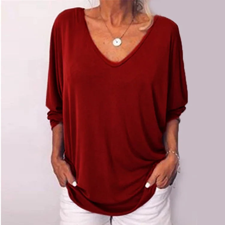 Plus Size Loose Women's Shirt V-Neck Overhead Three-Quarter Sleeve Casual Female Top Button Decoration Padded Shoulder