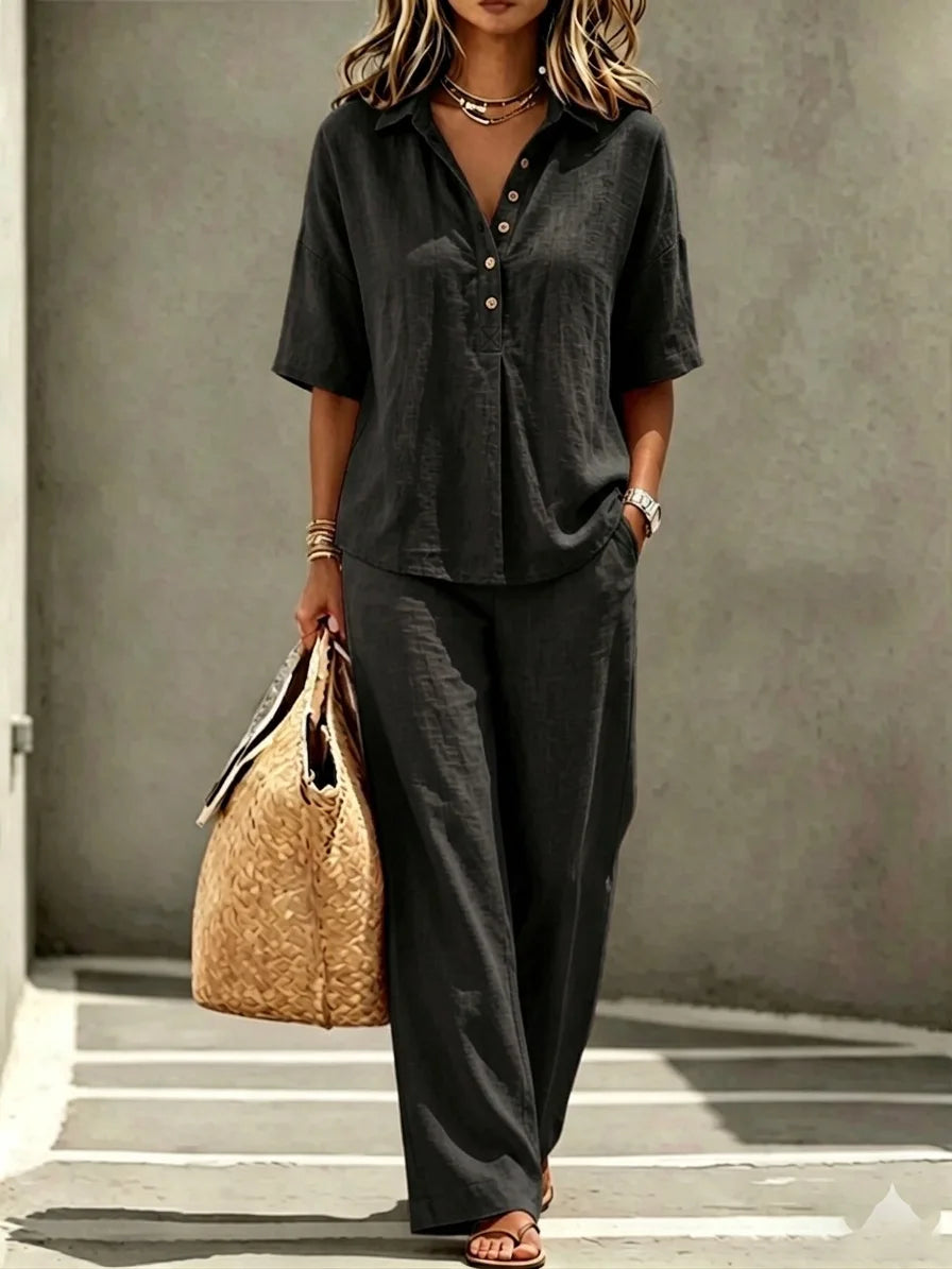 Elegant Office Holiday Two Piece Set Women Sleeveless V Neck Waistcoat Solid Black Textured Loose Wide Leg Trousers Street Match
