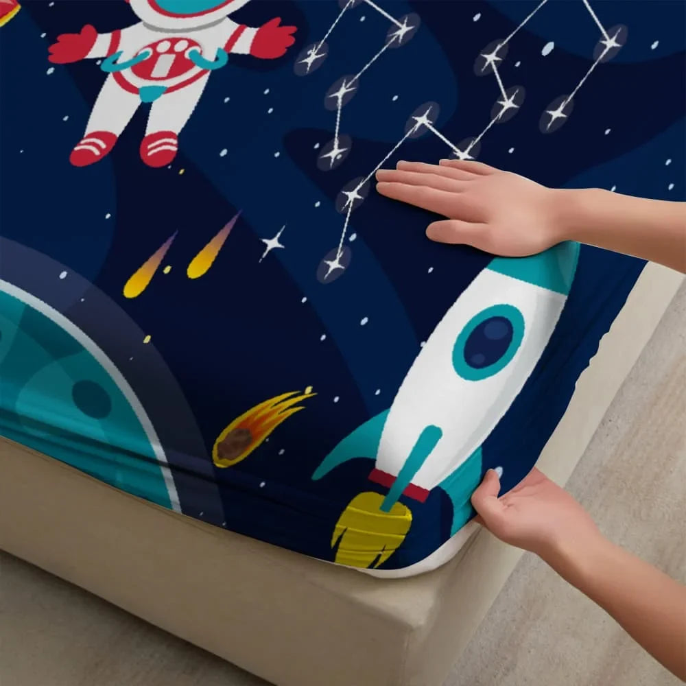 1pc Cartoon Space Astronaut Print Fitted Sheet Deep Pocket Elastic