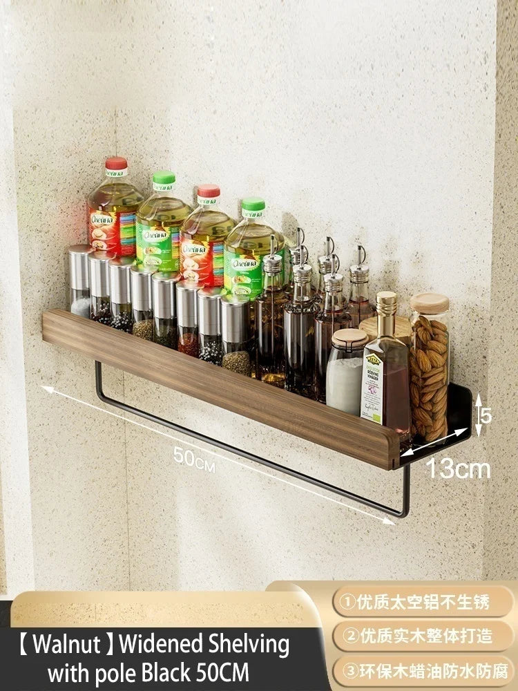 Wood Kitchen Organizer Mounted Spice Rack Kitchen Storage with Hooks for Condiments Kitchen Accessories