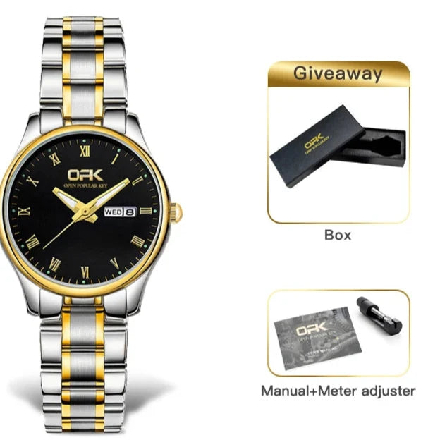 Women's 28mm Roman Numeral Day-Date Quartz Watch, Steel Bracelet