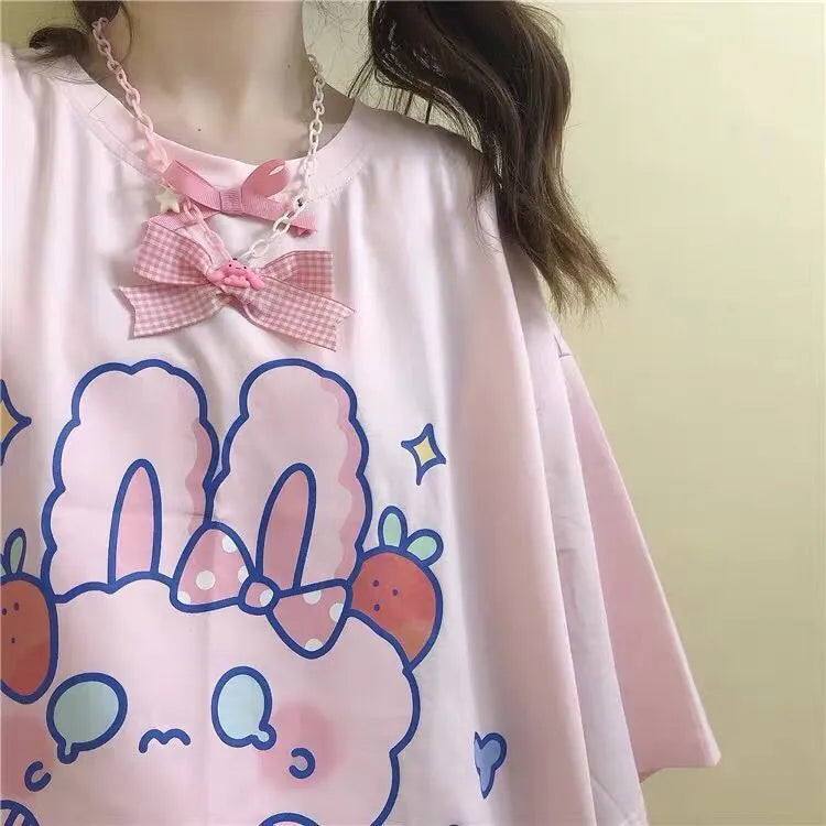Camiseta de Harajuku de Conejito Fresa Rosa