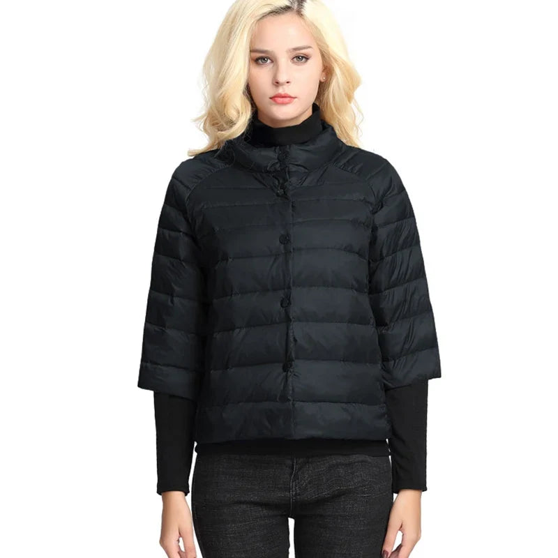 Women's puffer jacket Light and short style  Autumn Thin Down jacket  three Quarter Sleeves  Stand Collar  Fashionable Coat