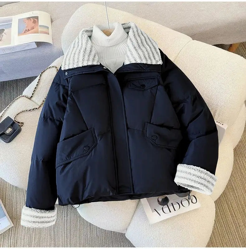 Women Lapel Collar Parkas Jacket Autumn Winter Femme Short Cotton Padded Coat Lady Fashion Long Sleeves Puffer Outwear