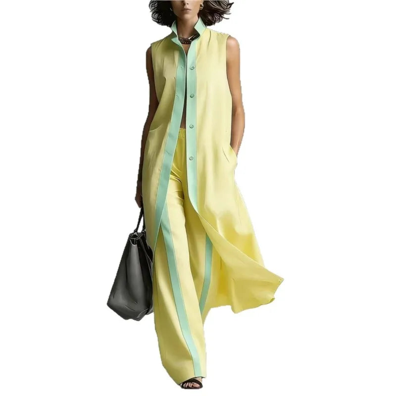 Women's Two-piece Sleeveless Stand-up Collar Vest Cardigan Trousers 2026 Summer New Loose Fashion Casual Contrast Color Suit