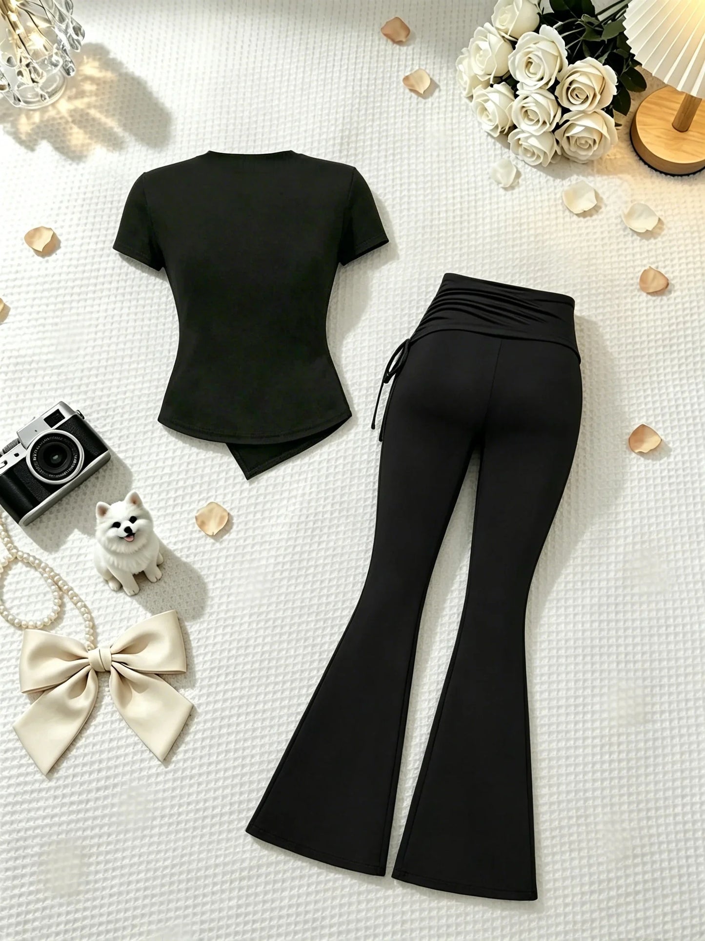 2 Pcs Women Crew Neck Side Ruched Split Hem Short Sleeve Tee High