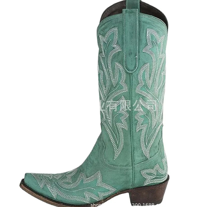 Botas de cowboy bordadas para mujer, hasta la rodilla, a media pantorrilla, botas vaqueras vintage de tacón, zapatos casuales de tacón grueso para otoño