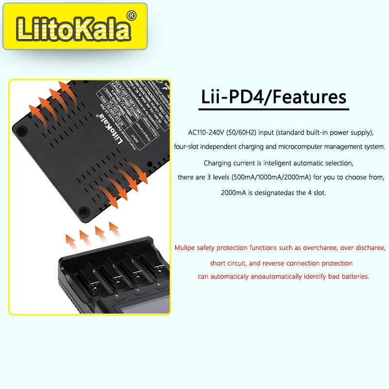 LiitoKala Lii-PD4/PD2 AC PD Charger LCD Fast Charging 4/2-Bay for 21700/18650/AA/AAA Multi-Protection Auto-Detect