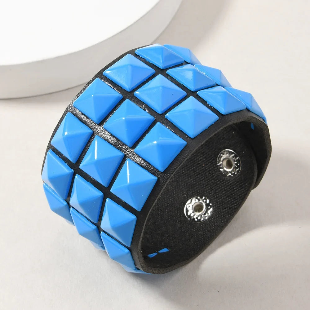 18 Color Punk Hip-Hop Three Rows of Square Rivets PU Leather Big Wide