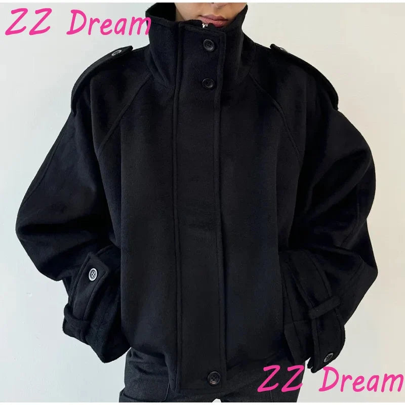 Fashion Short Woolen Coat For Women Stand Collar Full Sleeve Loose Zipper Jacket Female 2025 Spring Autumn Solid Lady Outwear
