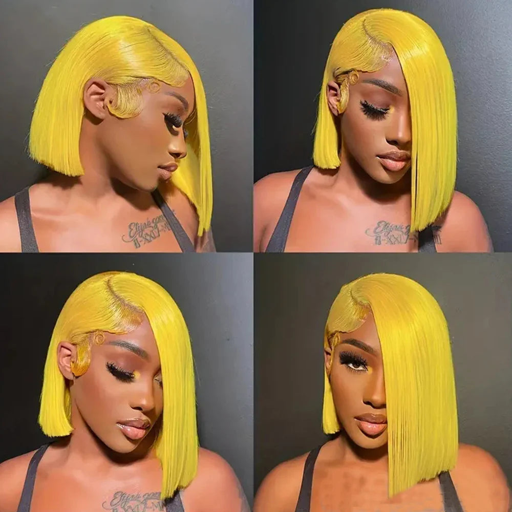 Peluca Lisa Bob Amarilla 13x4 Peluca Frontal de Encaje Cabello Humano para Mujeres Transparente Peluca Bob Corta Corte Pixie Brasileño 220% Densidad