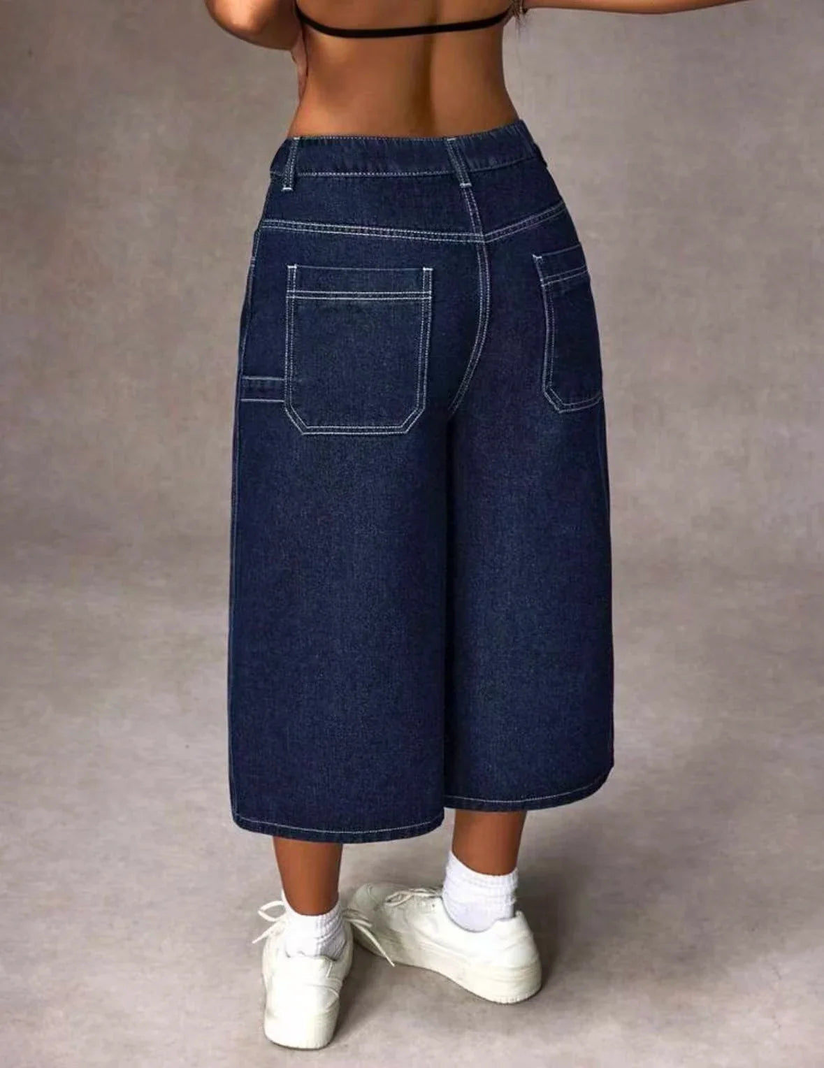 Retro Dark Blue Adjustable Buckle Capri Jeans