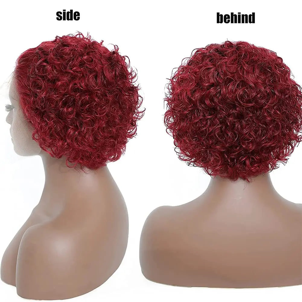 Peluca Pixie Cut de 6 pulgadas Cabello Humano 99J Pelucas Bob Cortas Rizadas Pelucas Frontales de Encaje 13x1 Cabello Humano Pelucas Pixie Cut Pelucas Para Mujeres Negras