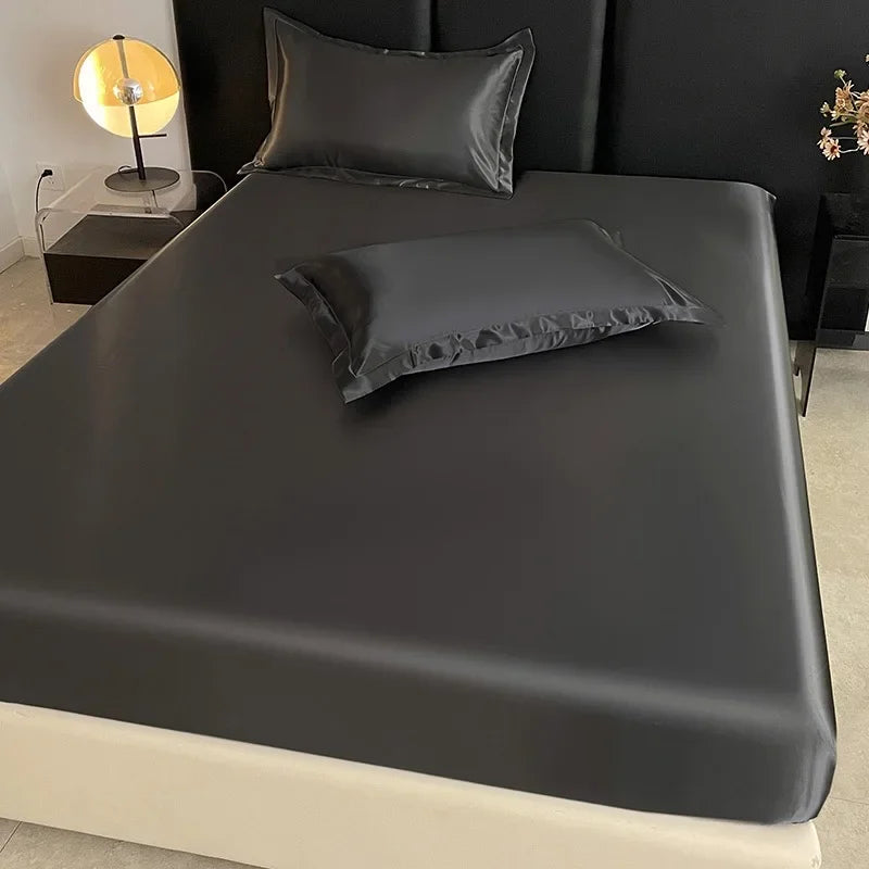 Summer Ice Silk Satin Fitted Sheet Solid Deep Pocket Mattress Cover Ultra Soft Wrinkle Resistant Bed Cover No Pillowcase For Sin