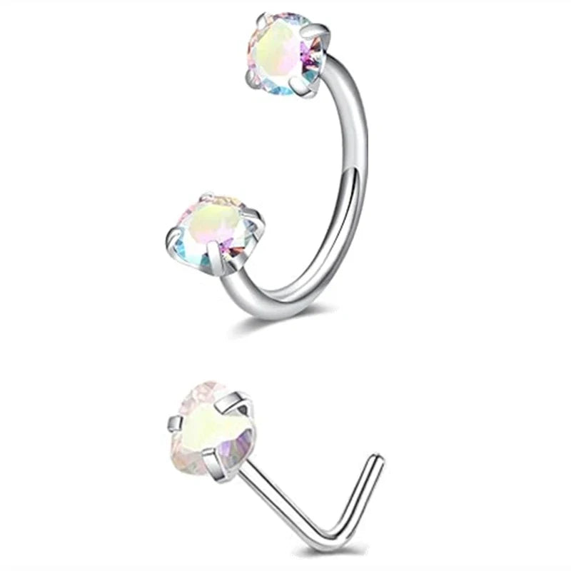 6/2pcs Horseshoe Nose Rings with L-Shape Nose Stud, Stainless Steel