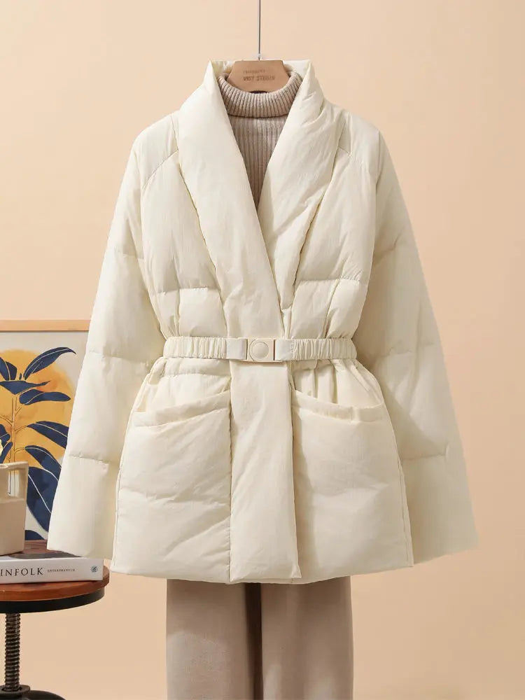 New Fashion Temperament Cotton Coat Women Winter Warm Solid Color V-neck Gathered Waist Jacket Coats Parkas with Belt