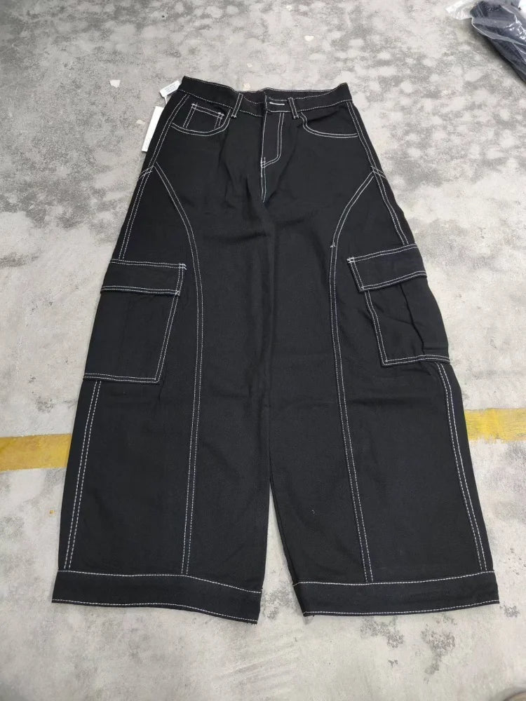 2026 Cyber Y2K Streetwear Black Baggy Women's Cargo Jeans Pants For Woman Clothing Wide Leg Gothic Punk Loose Fit Denim Trousers