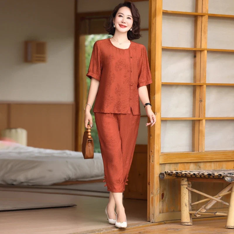 Fake Button T-shirt+pants Summer Embossed Knit Set Women's Fashion Casual Set Short Sleeved Classic Tops 2024 Plus Size Women