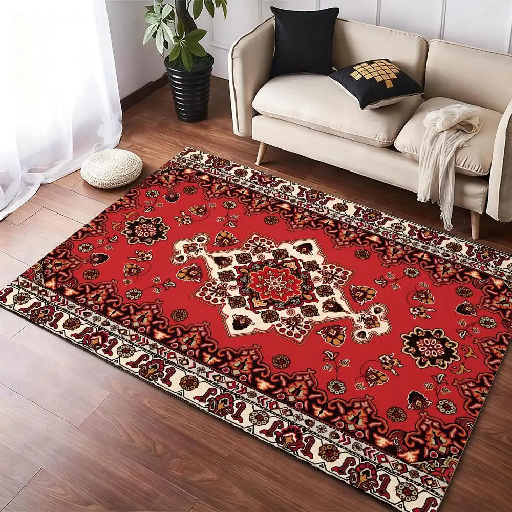 Red Persian Carpet Floor Mat Flannel Rugs Cozy Plush Thickened Soft Warm Winter Floor Mat Non Slip Living Room Home Indoor Use