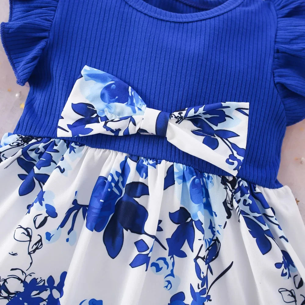 Baby Girl Dress Summer Cotton Bow Print Small Fly Sleeves Girls