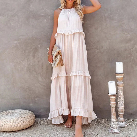 Elegante vestido maxi albaricoque con volantes