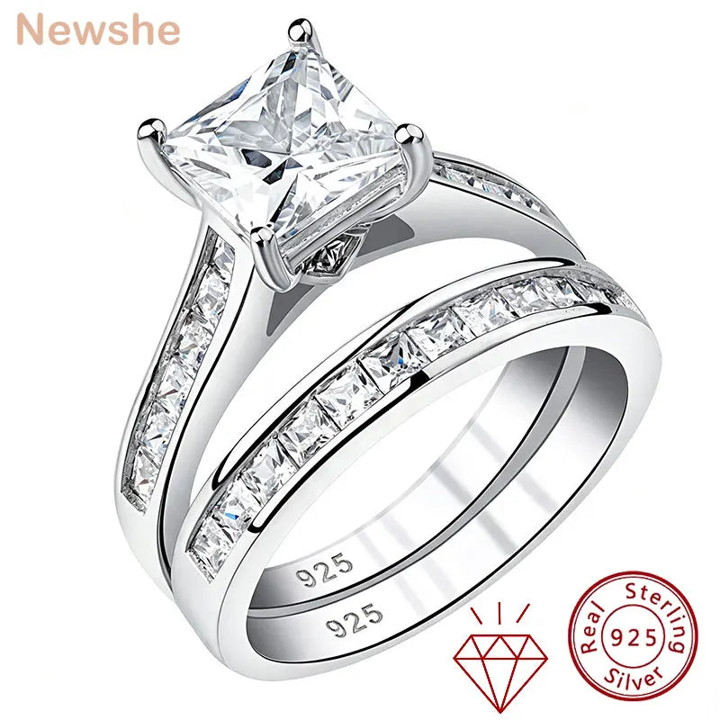 Newshe 2 Pcs GRA Certified Moissanite Princess Cut Wedding Rings Set for Women 925 Sterling Silver Engagement Ring Jewelry