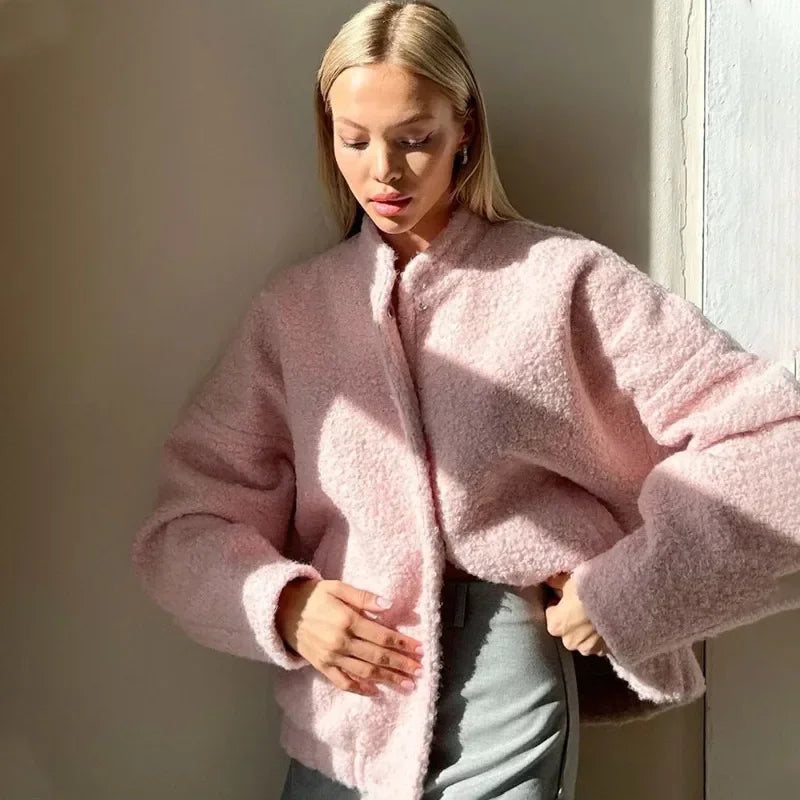 Talenza Women's Pink Short Fur Jacket Autumn Loose Fashion Long Sleeve Jacket Top Casual Stand Collar Pocket Button Warm Jacket