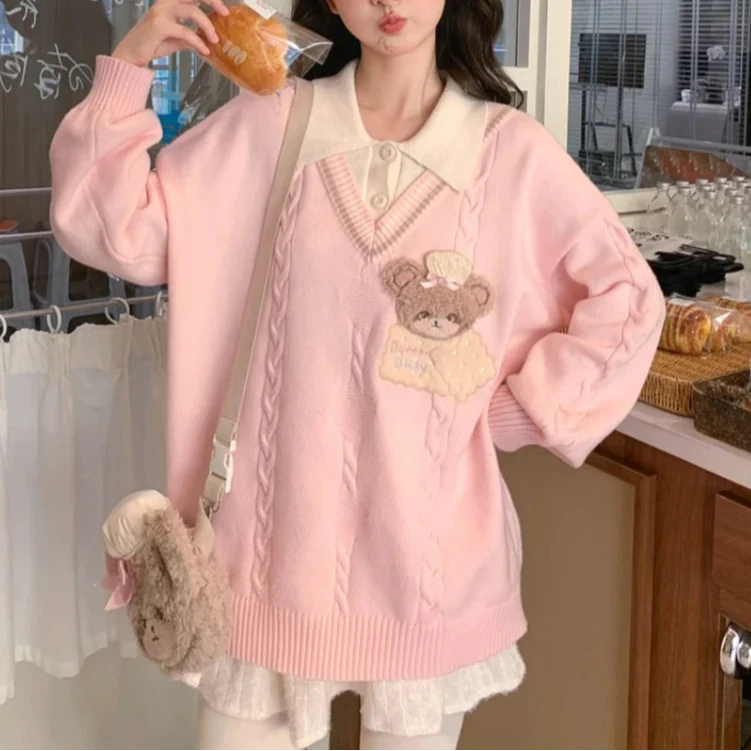Cute Cookie Bear V-Neck Sweater