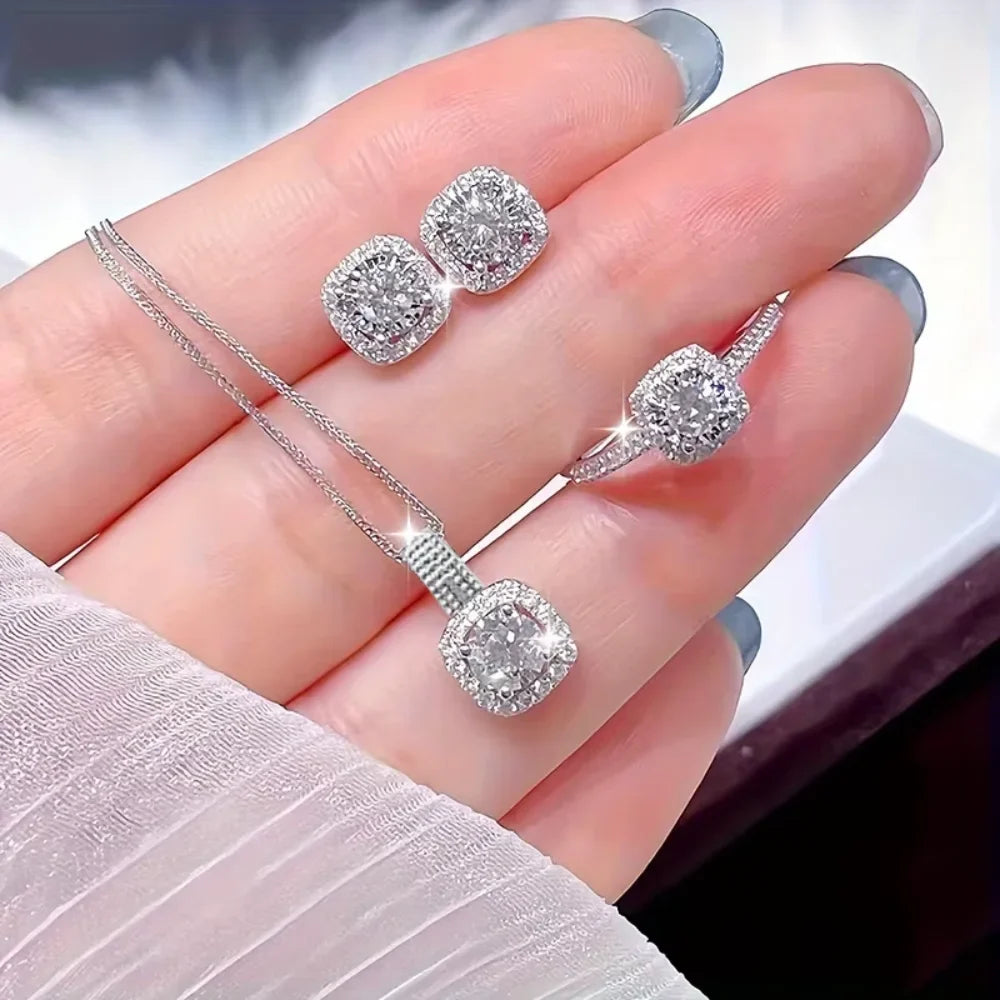 3pcs Set Luxury Brand Shiny Geometric Square Zircon Necklace Earring