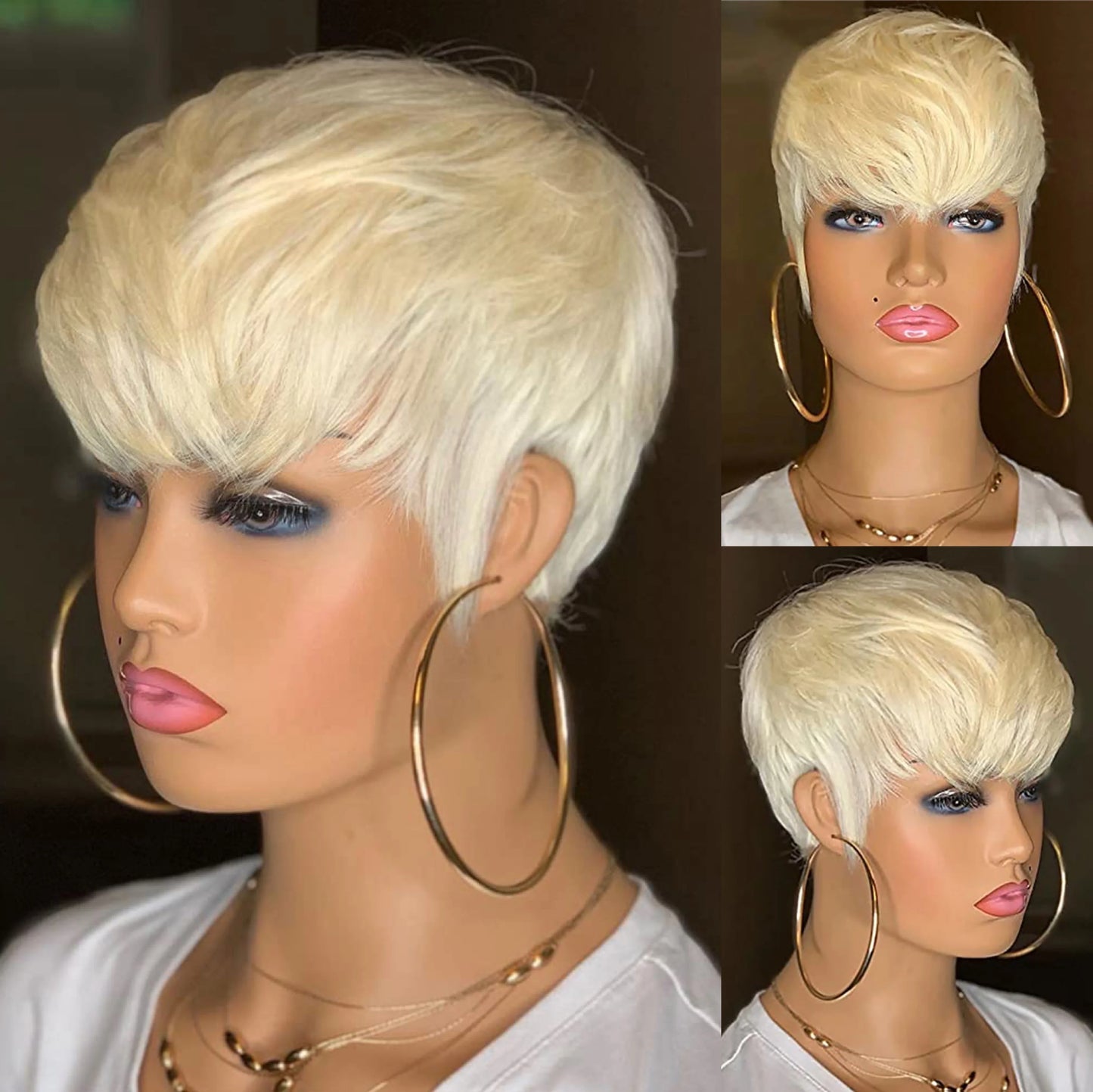WIGERA Pelucas sintéticas destacadas Corto Liso Pixie Cut Peluca Bob Pelo Dorado Miel Mezcla Negro Cabello para Mujer