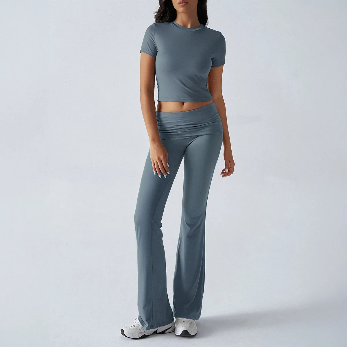 Women Casual Bodycon Two Pieces Set Short Sleeve Crop Top Slim High Waist Running Tracksuit Suit Summer Pants Outfit 2PCS