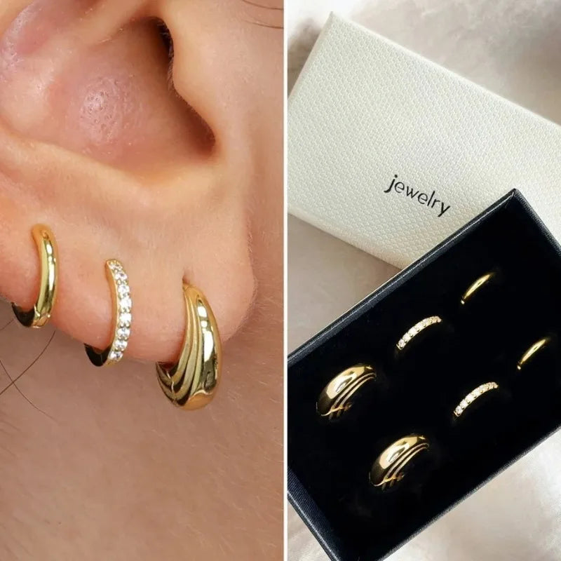 3 Pairs Stainless Steel Crystal Zirconia Hoop Earrings for Women