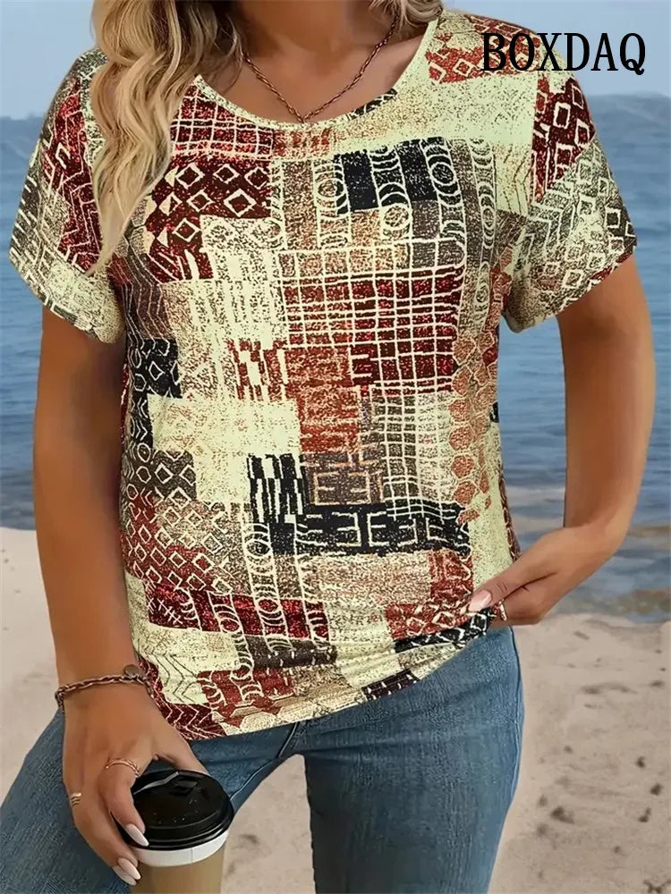 Tie Dye Striped Print T Shirt For Women 2025 Summer Clothes Fashion Round Neck Loose Short Sleeve Tee Shirt Plus Size Casual Top