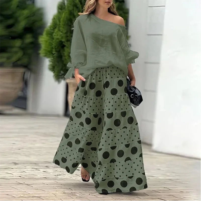 Spring Summer Elegant Fashion Print Women's Set Two-piece Casual One-Neck Off-Shoulder Long-Sleeve Solid Top Loose Culottes Suit