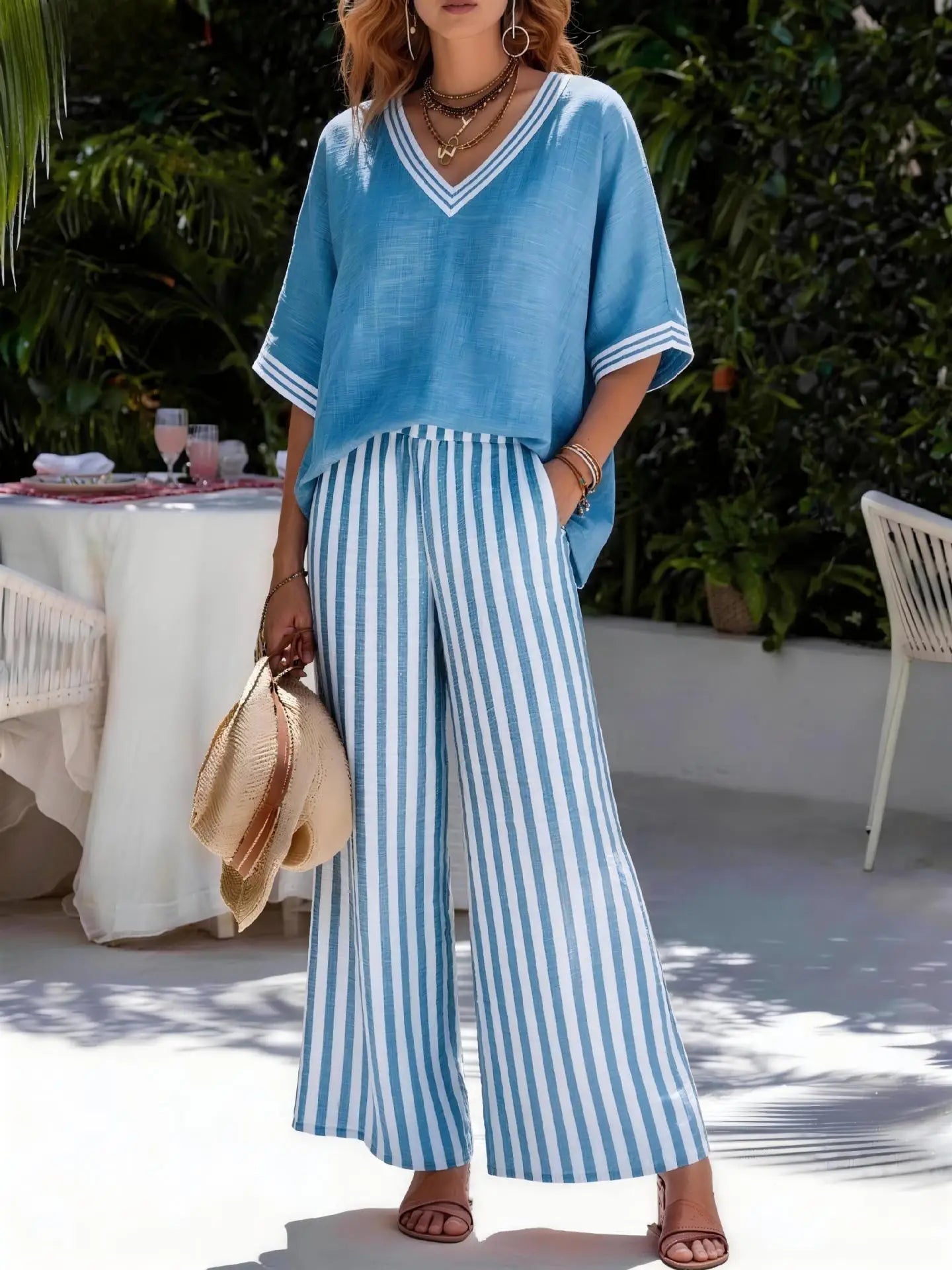 2026 Fashion Women's Casual Striped Comfortable Loose V-Neck Cotton Hemp Two-Piece Set