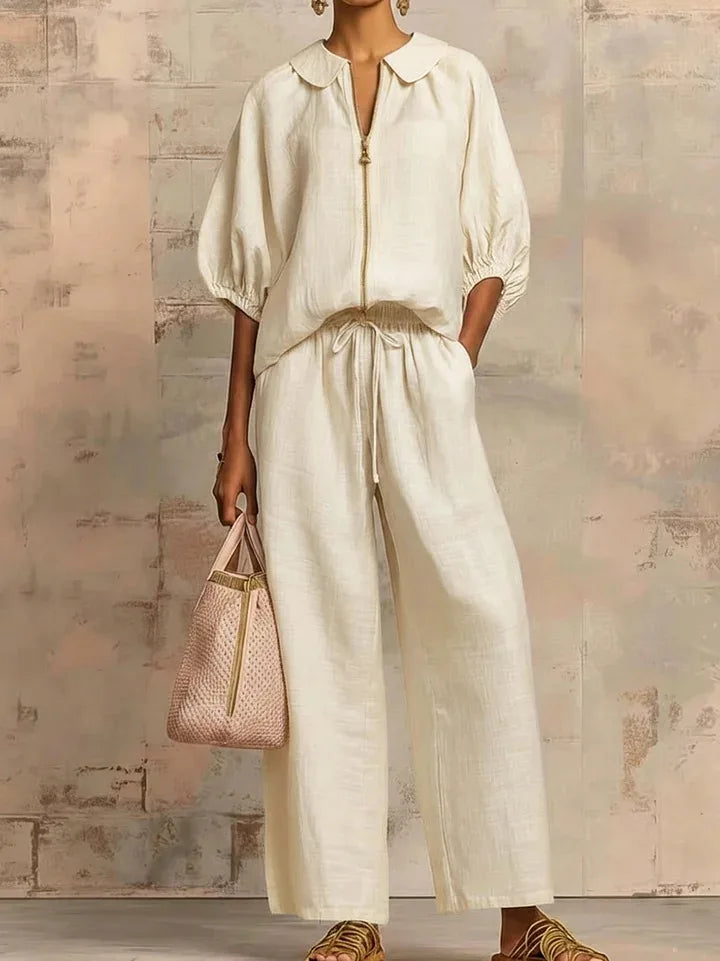 Women's Casual Solid Color Cozy Pant Set Chic Laple Zipper Short Sleeve Shirt Elasticity Waist Pant Suit Women New Two Piece Set