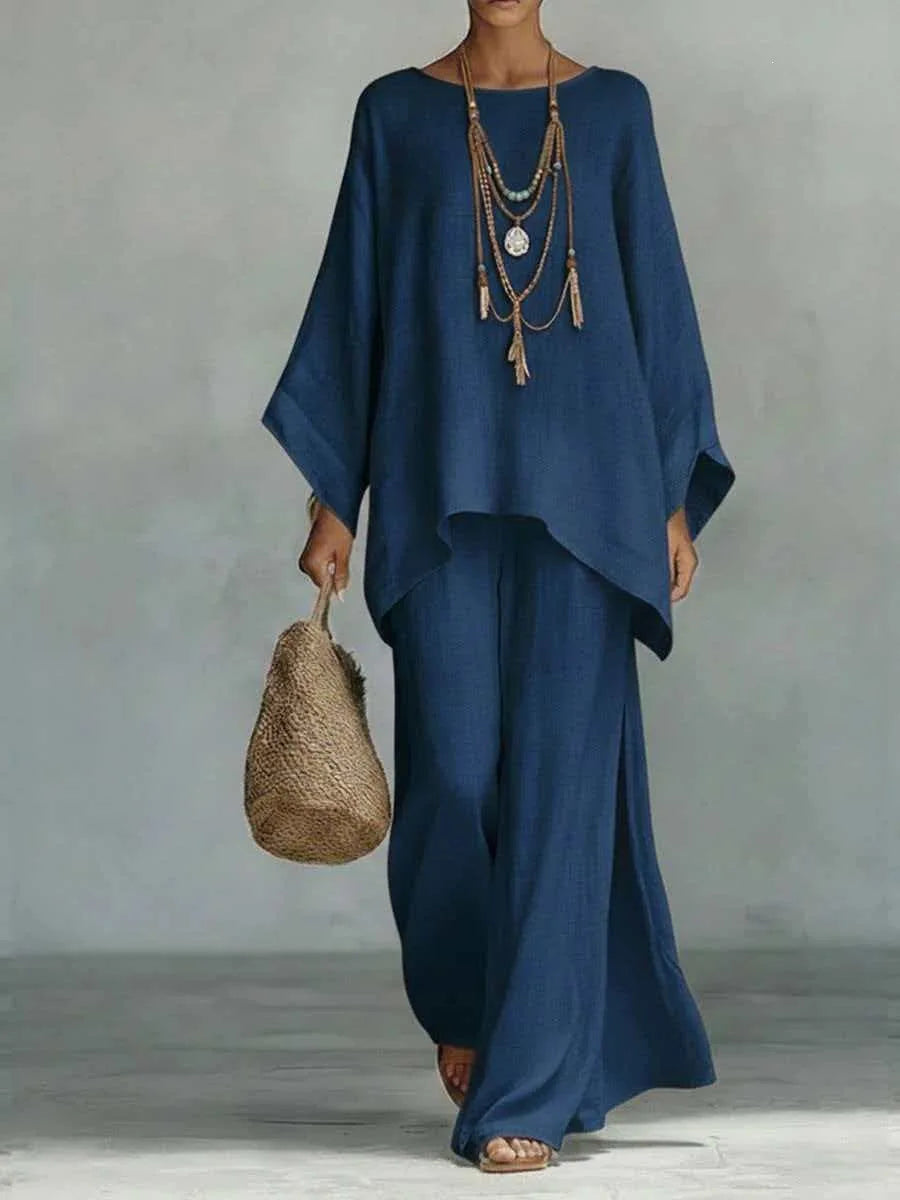 Women's Elegant Loose Round Neck Top Wide Leg Pants Set Casual Simple Long Sleeve Solid Color Two-Piece Set