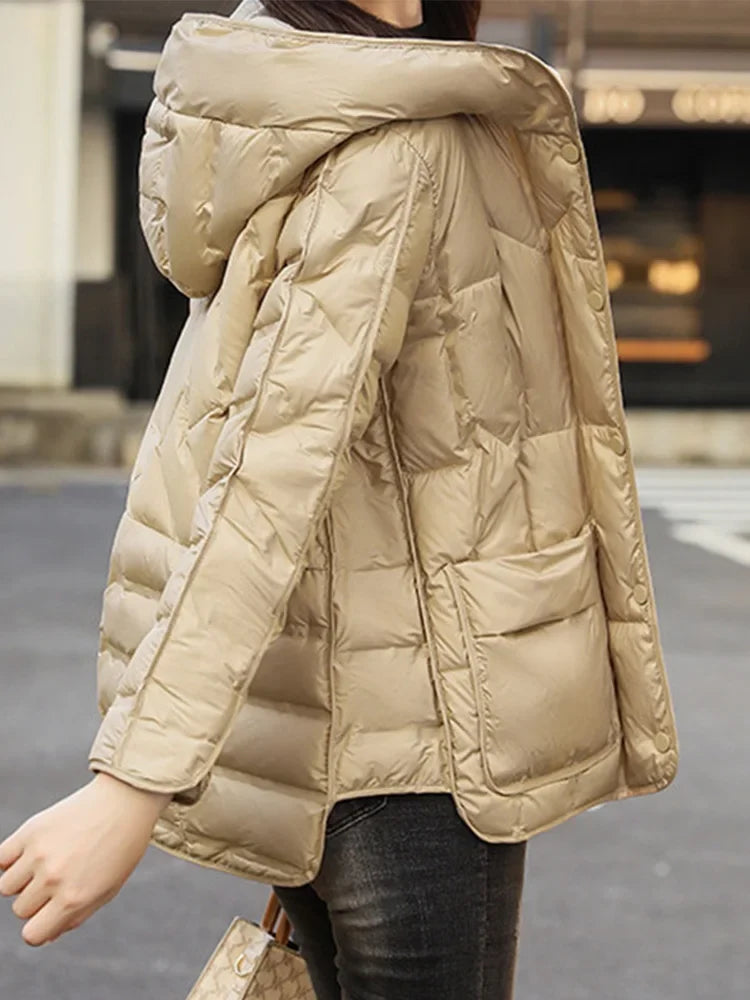 Winter Women 90% White Duck Down Coat Female Stand Collar Single-Breasted Puffer Jacket Casual Loose Hooded Parkas Coat Women